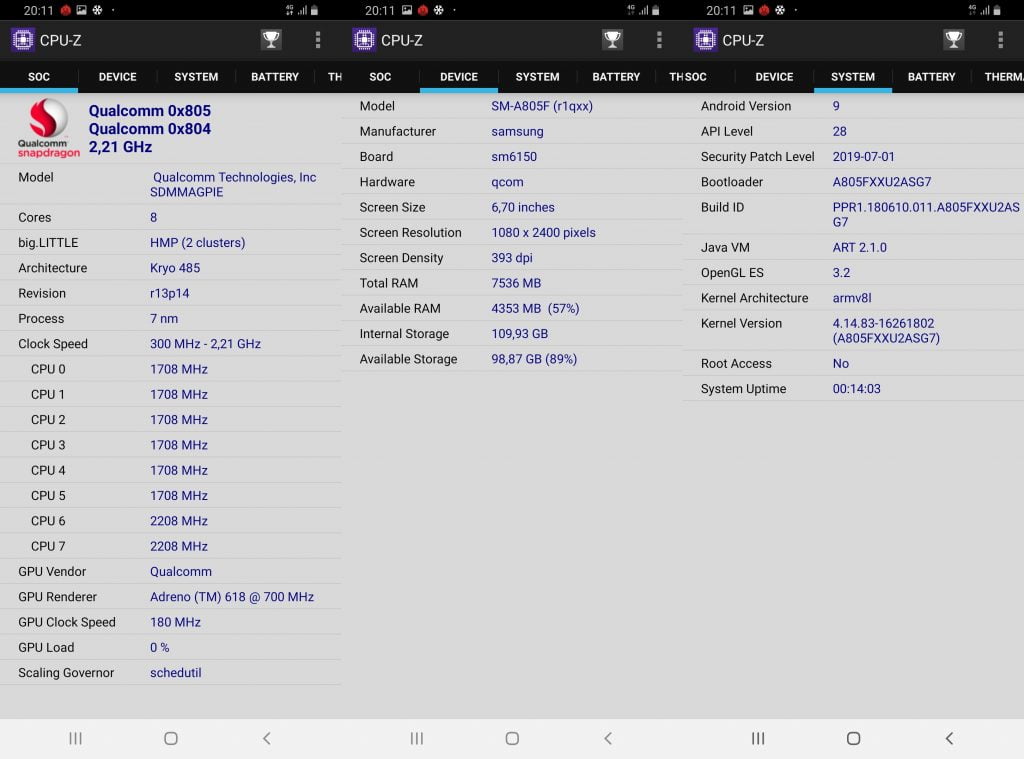Screenshot CPU-Z Samsung Galaxy A80