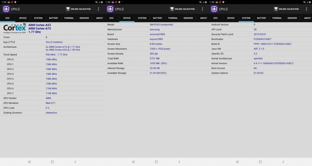 CPU-Z Samsung Galaxy Tab A 8.0 S Pen (2019)