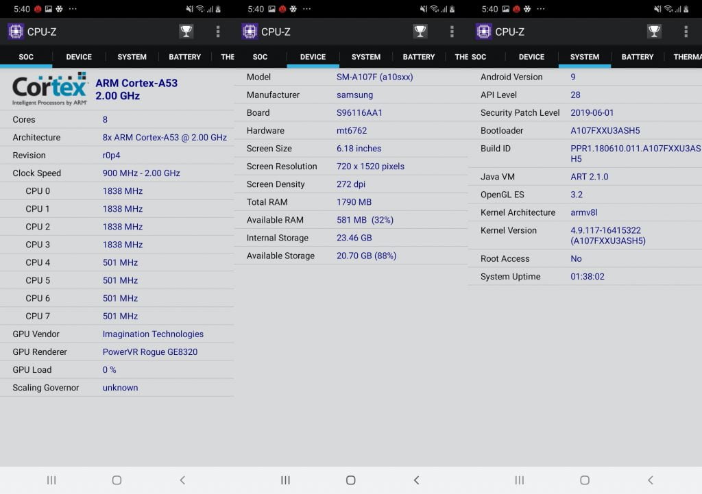 Screenshot CPU-Z Samsung Galaxy A10s