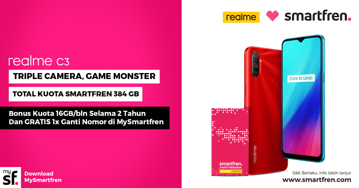 Bundling realme C3 dengan Smarfren Dapat Total Bonus Kuota 384GB selama 2 tahun