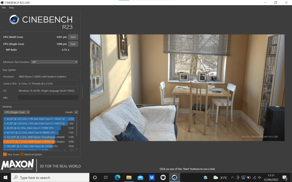Cinebench R23 HP Pavilion Aero 13-BE0001AU