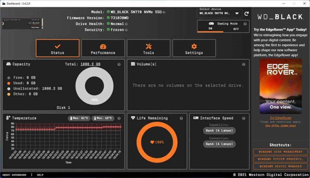 WD SSD Dashboard SN770