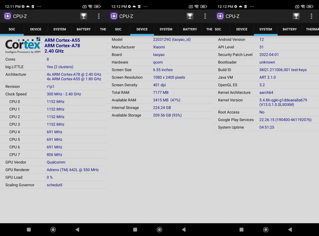 Screenshot CPU-Z Xiaomi 12 Lite