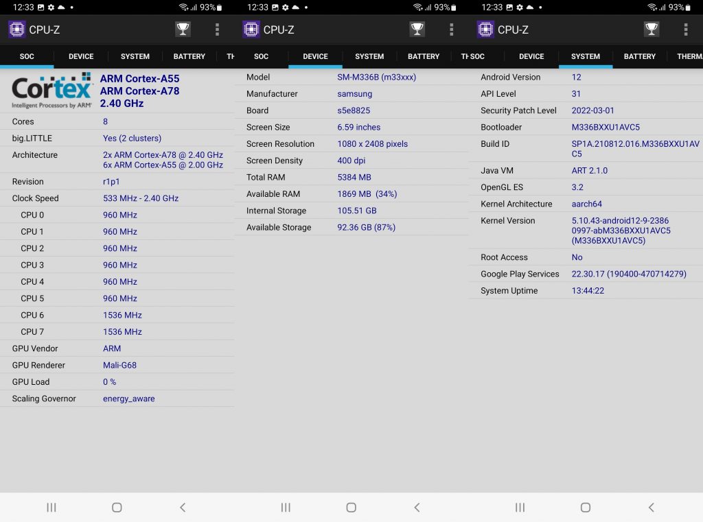 Screenshot CPU-Z Samsung Galaxy M33 5G