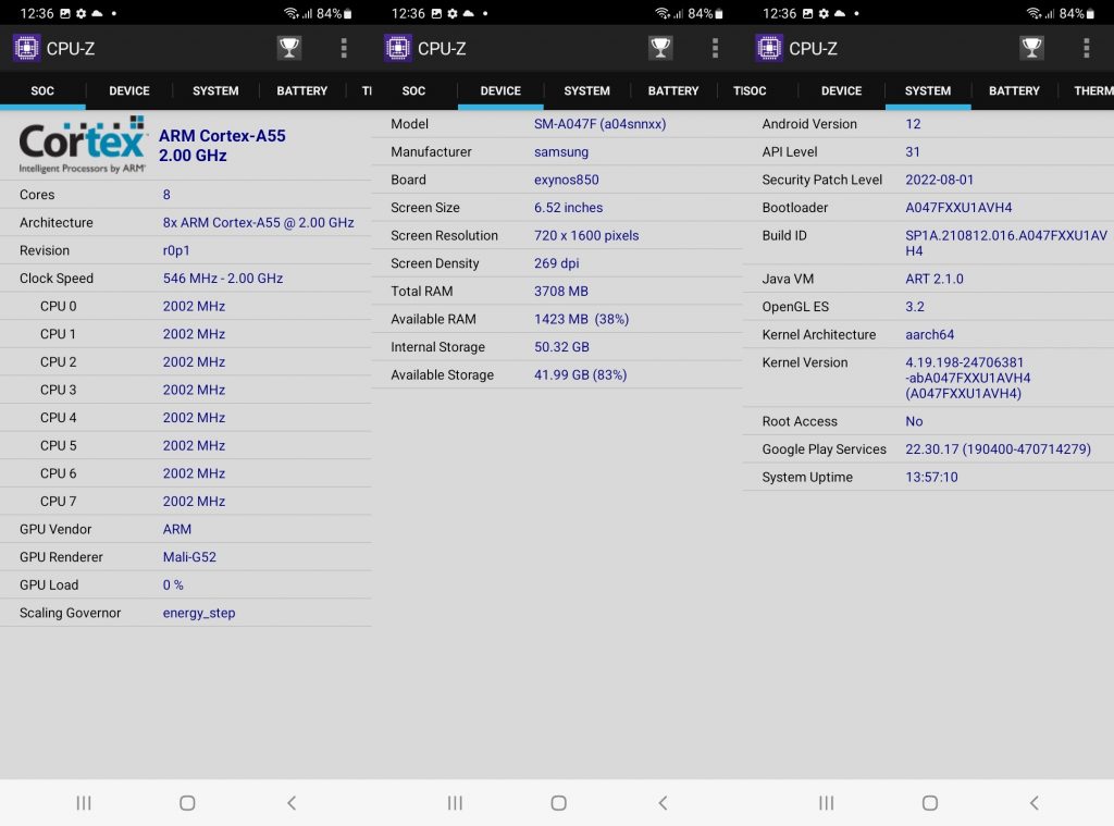 Screenshot CPU-Z Samsung Galaxy A04s