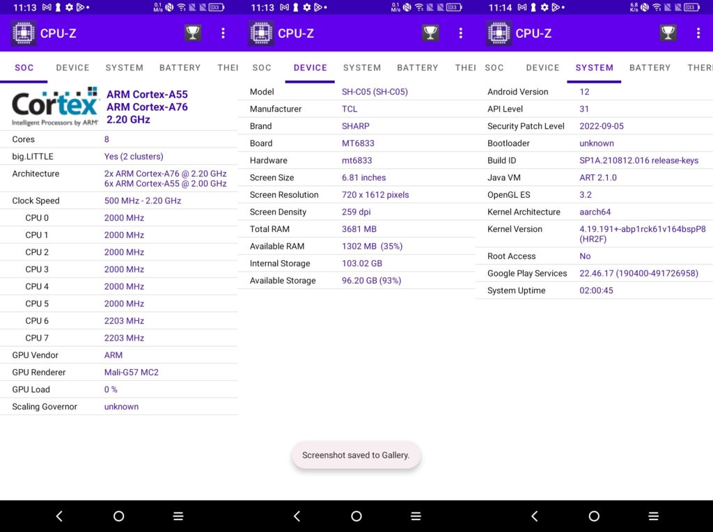 Screenshot CPU-Z Sharp Aquos V6 5G