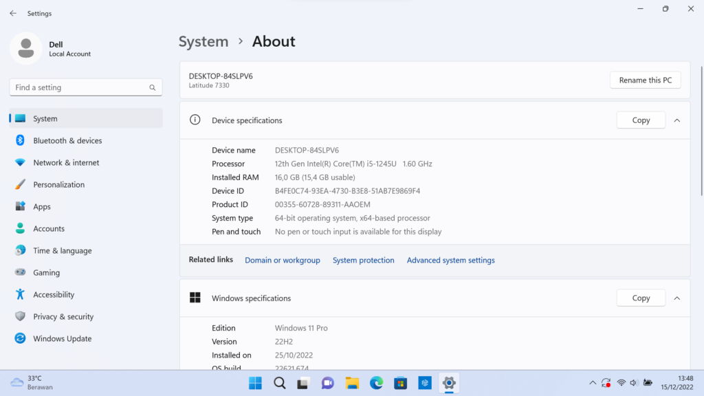 System Properties Dell Latitude 7330