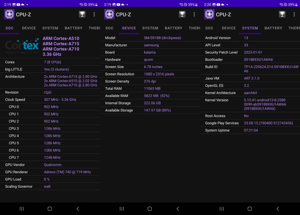 Screenshot CPU-Z Samsung Galaxy S23 Ultra
