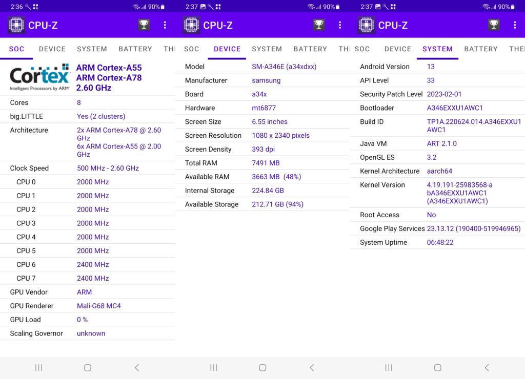 Screenshot CPU-Z Samsung Galaxy A34 5G