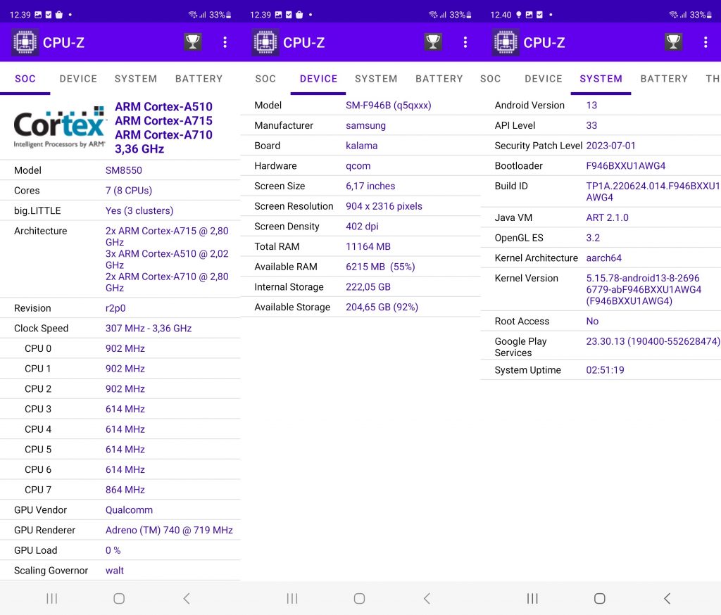 CPU-Z Samsung Galaxy Z Fold5