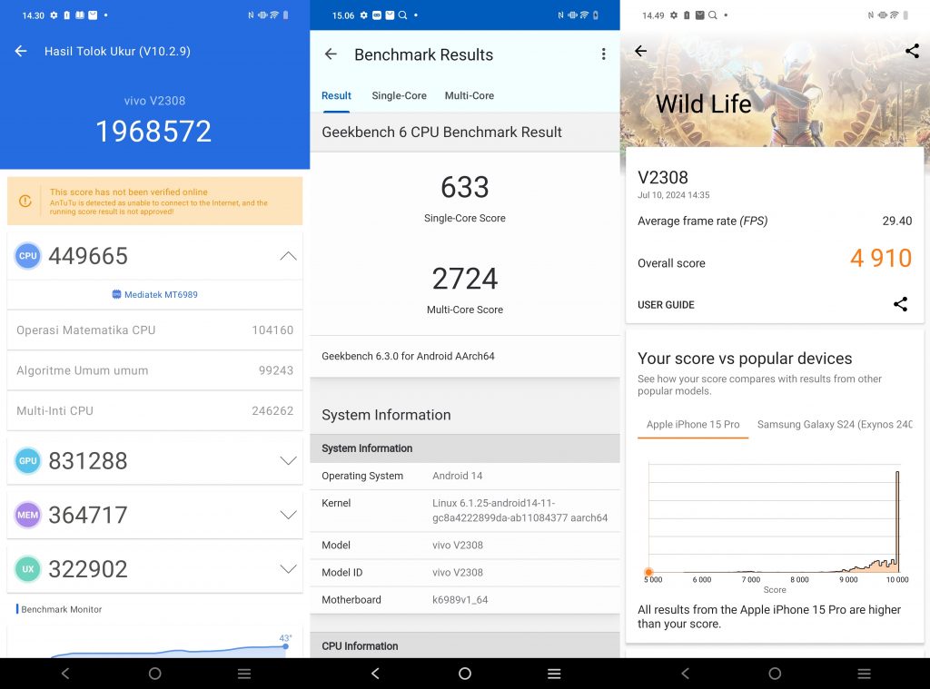 Screenshot Geekbench, Antutu, 3DMark vivo X100