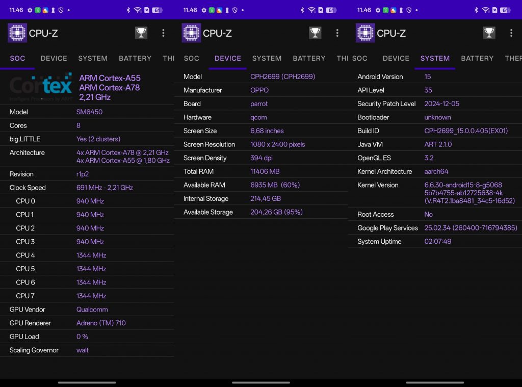 Screenshot CPU-Z Oppo Reno13 F 5G
