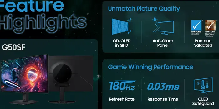 Close-up layar Samsung Odyssey OLED G5 G50SF menampilkan kualitas warna dan kontras yang tajam