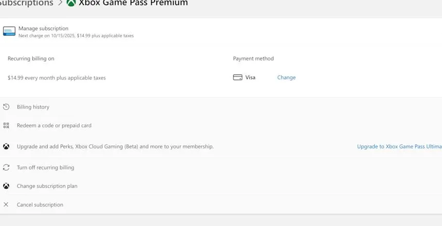 The menu Microsoft displays when you try and cancel your Game Pass subscription.