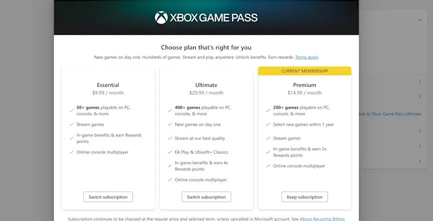 The menu for switch subscriptions Microsoft displays when you try and manage your Game Pass subscription.