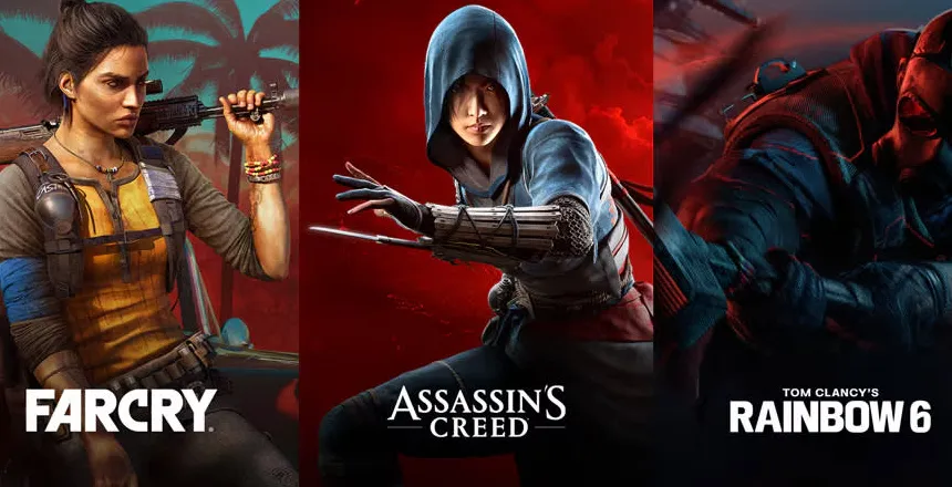 Three-panel view: Assassin's Creed, Far Cry, and Rainbow Six.