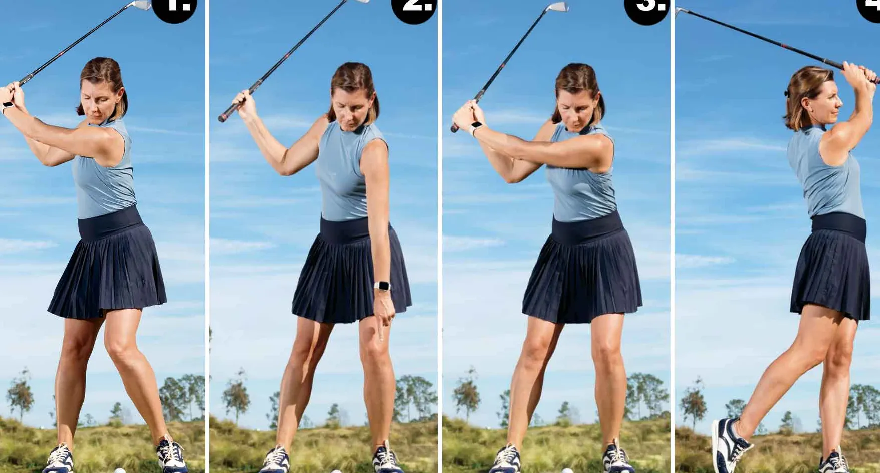 erika larkin demonstrates how to swing golf club