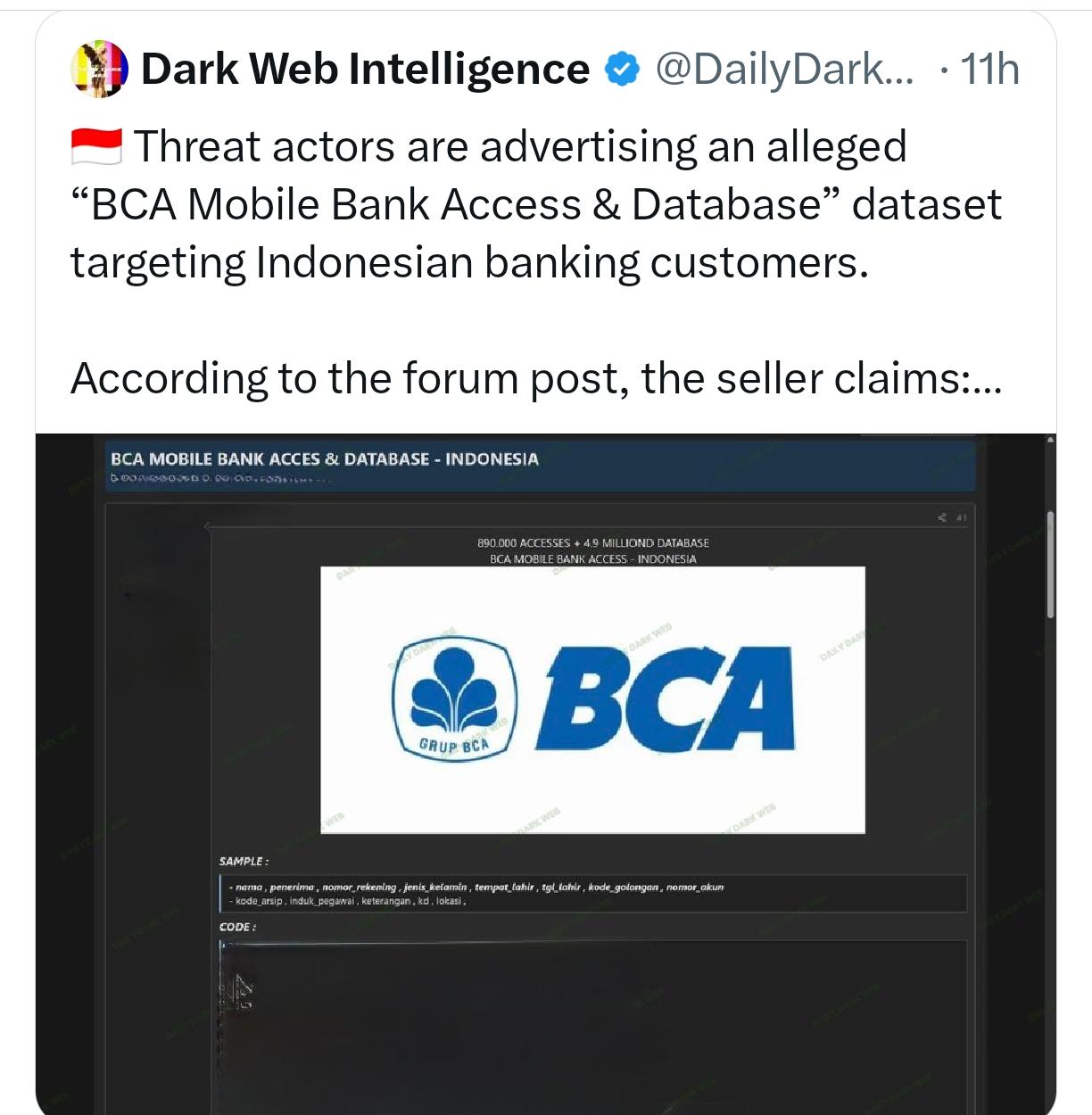 Dugaan Data BCA Mobile Bocor, 4,9 Juta Records Dijual