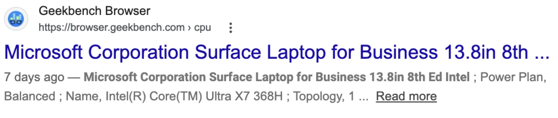 a screenshot of a cached google search result for an unreleased microsoft surface laptop's geekbench 6 results
