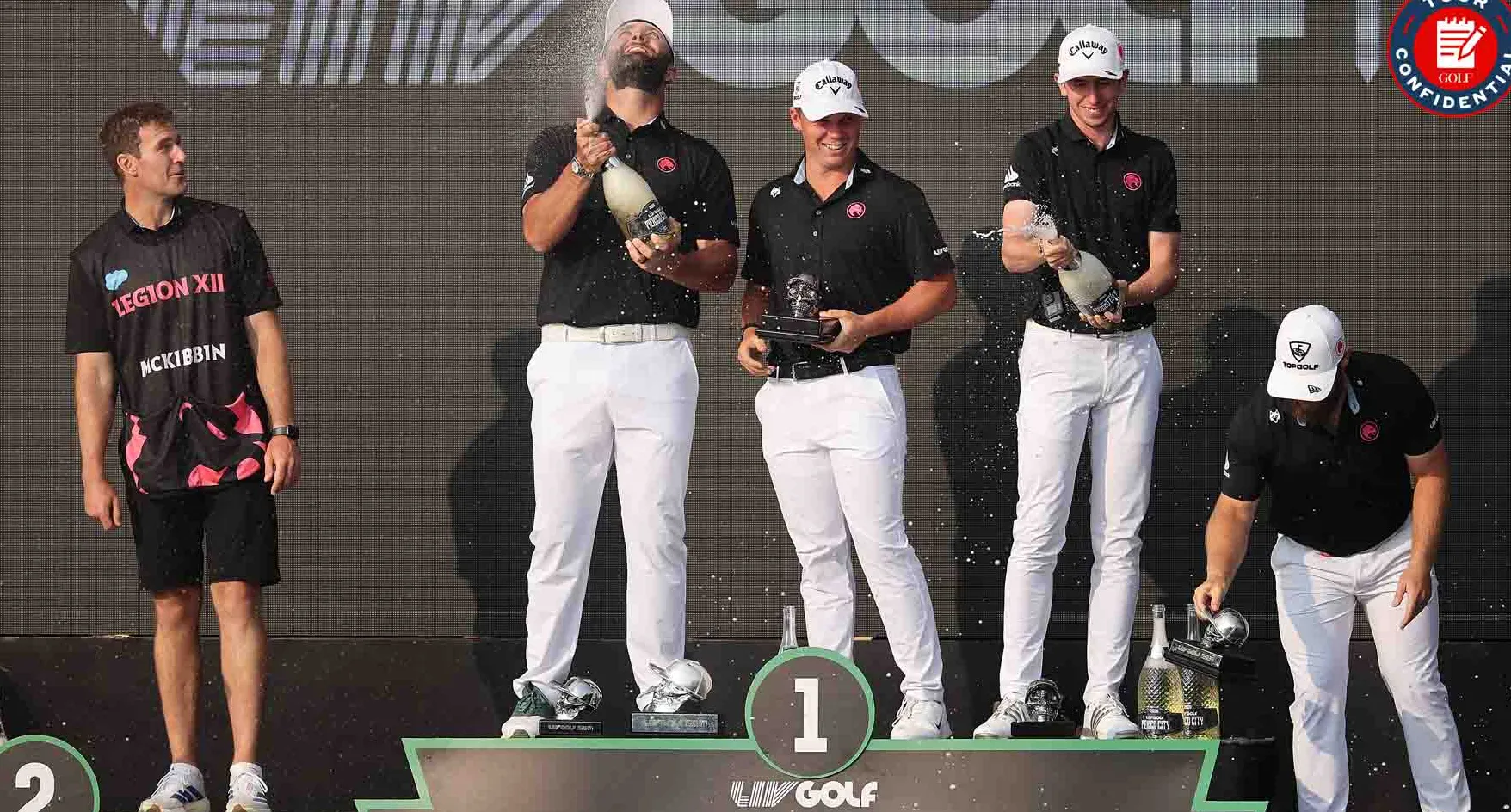 Jon Rahm, Tyrrell Hatton, Caleb Surratt and Tom McKibbin celebrate winning LIV Golf Mexico