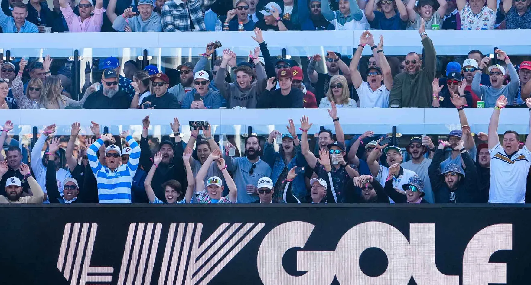 A general view as spectators cheer in the stands on the 12th hole during LIV Adelaide at The Grange Golf Club on April 27, 2024 in Adelaide, Australia