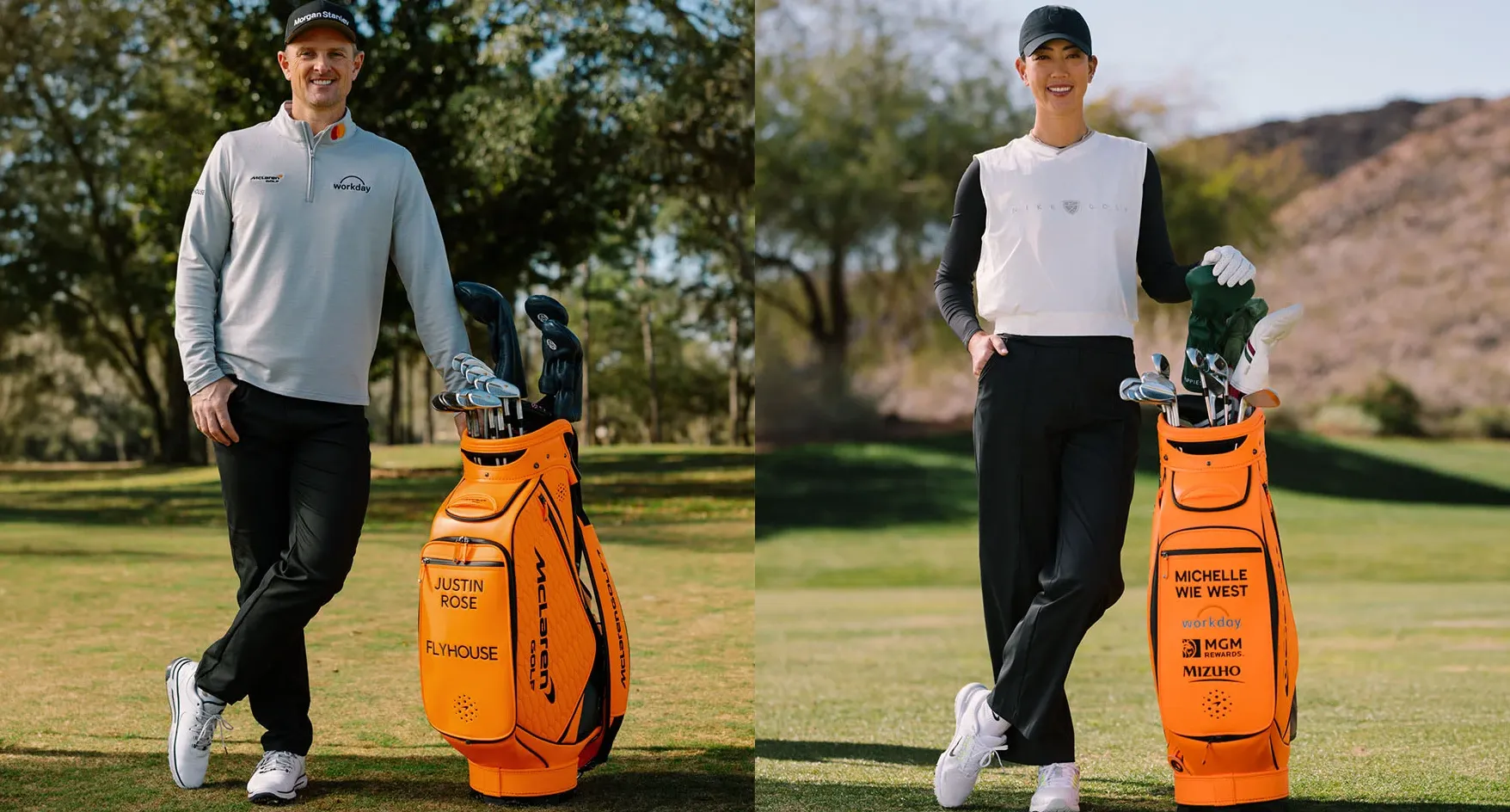 Two golfers stand on a golf course, each next to a bright orange golf bag with their name printed on it. The man on the left wears a gray sweater and black pants; the woman on the right wears a white shirt and black pants.