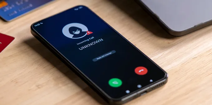 A phone lying on a table, receiving a call from an unknown number