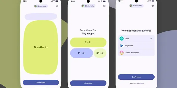 Display of three screens showing different options for Android's new Pause Point feature