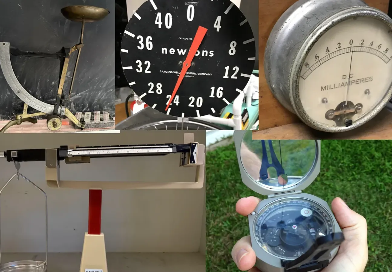 Koleksi alat ukur analog termasuk pengukur gaya, ammeter, dan kompas