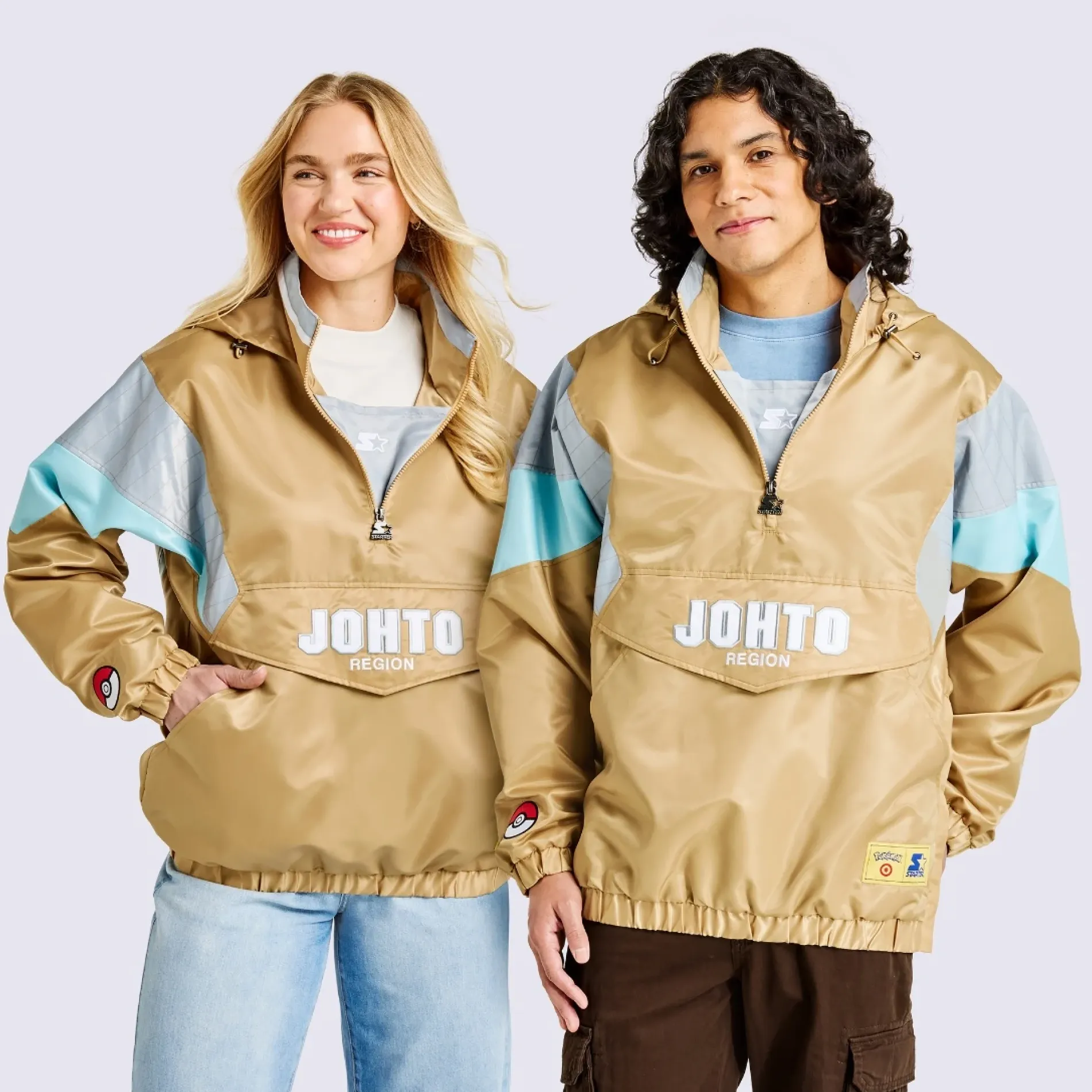 Two models wearing the Pokemon x Target Johto Starter Jackets