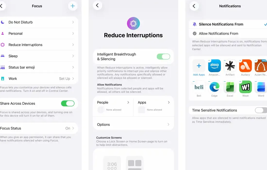 iPhone screenshots showing Focus settings
