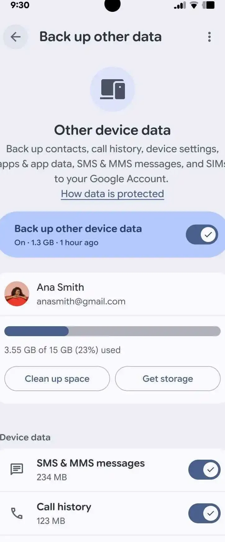 Tampilan pengaturan backup Google di perangkat Android