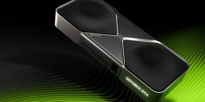 Nvidia GeForce RTX 5090 graphics card in front of green artistic background