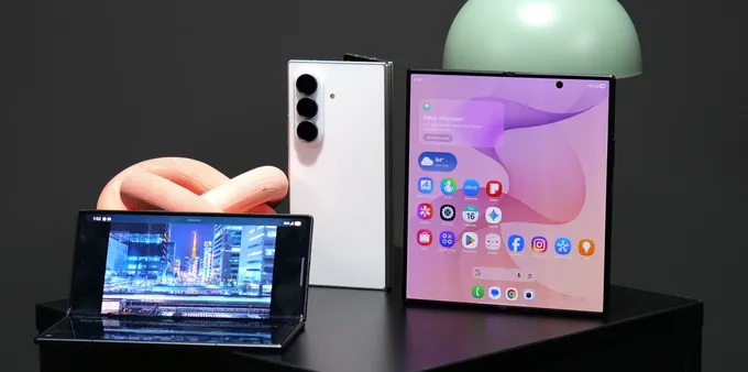 Galaxy Z Fold 8 Ultra foldable smartphone in various orientations.