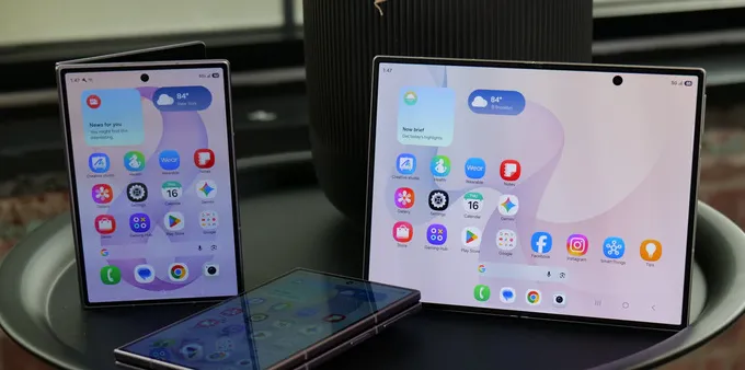 Galaxy Z Fold 8 foldable smartphone in various orientations.