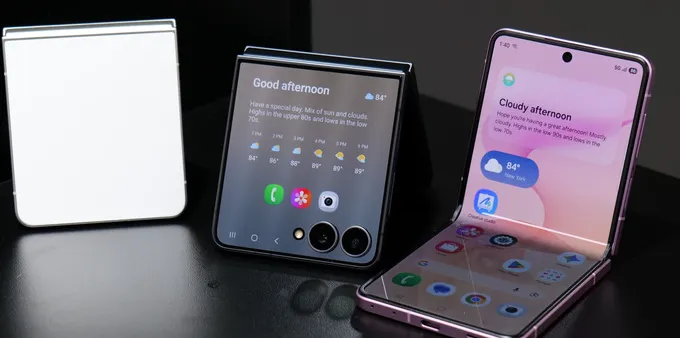 Galaxy Z Flip 8 foldable smartphone in various orientations.