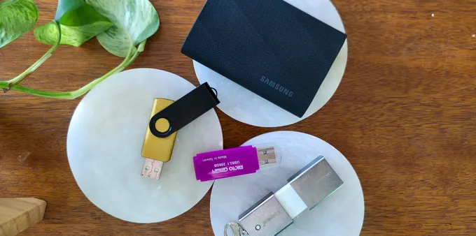 An assortment of USB storage drives.