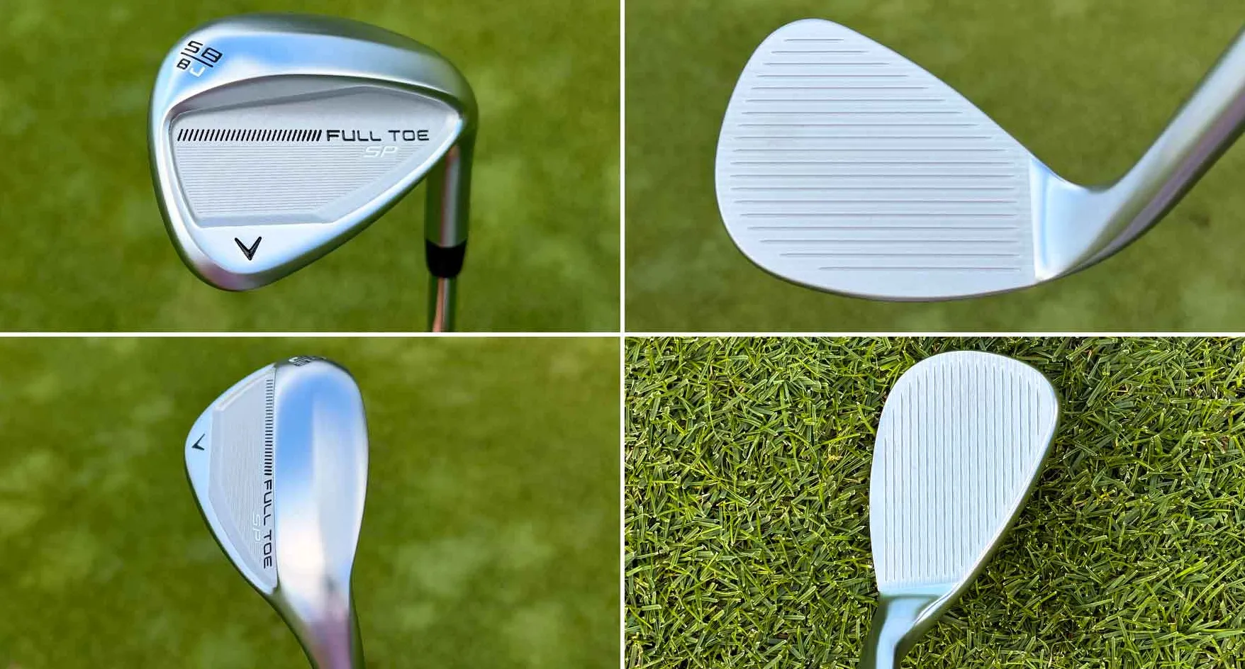 Four close-up photos of a Callaway Full Toe S grind golf wedge, showing its face, back, and grooves, all set against a background of green grass—perfect inspiration for your next golf club upgrade or golf template design.