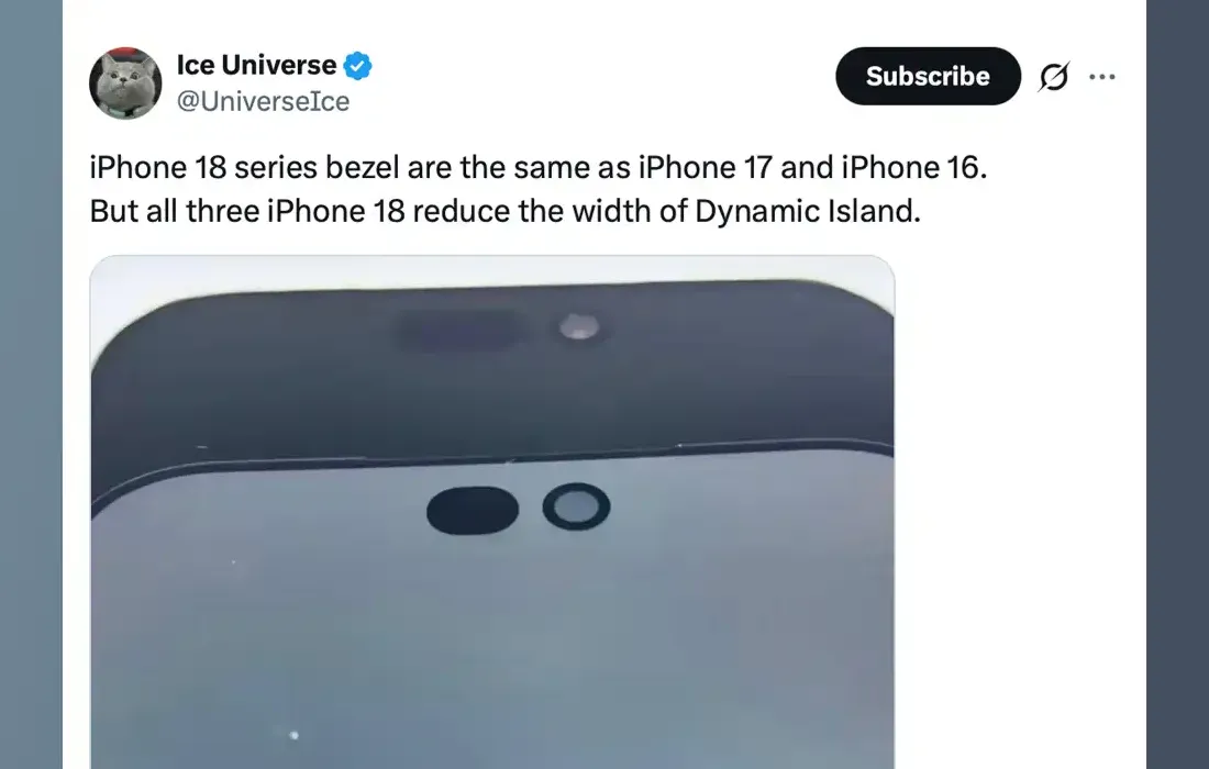 Ice Universe post showing iphone 18 pro Dynamic Island