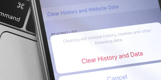 iPhone Safari settings showing the Clear History and Website Data confirmation prompt.