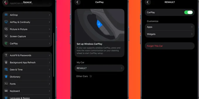 Three iPhone screens showing the steps to open CarPlay settings, select a vehicle and manage that car's CarPlay connection.