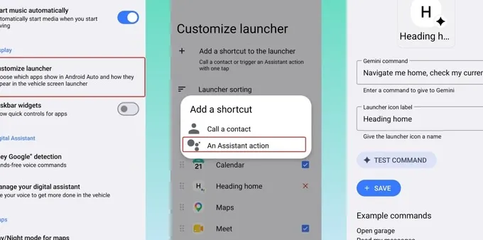 Screenshots of Android Auto app setting up an automation with Google Gemini.