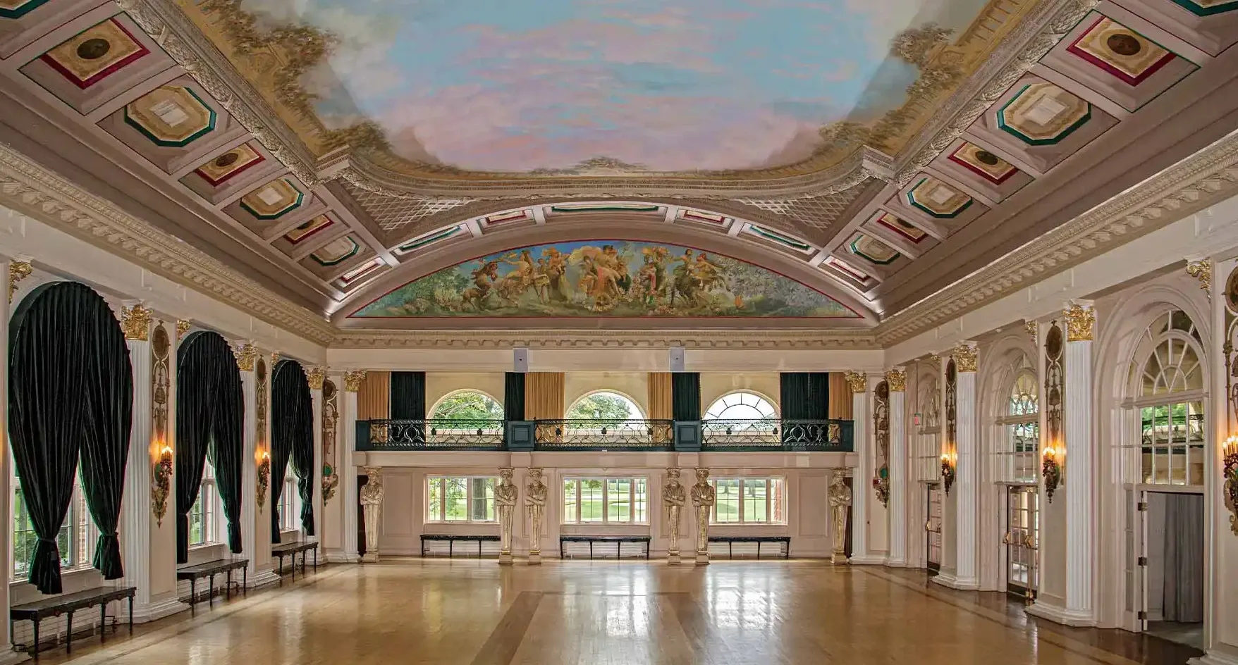 two samples of the stunning decorative details that fill the place, including a terrazzo floor inlaid with a fez; the grand (and then some) ballroom