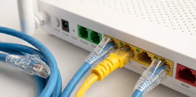 Ethernet cables plugged into the back of a router.